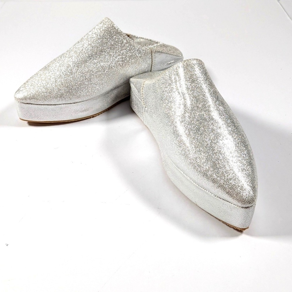 Handmade Leather Moroccan Silver Pointed Toe Platform Babouche Mules Slides Sz 8